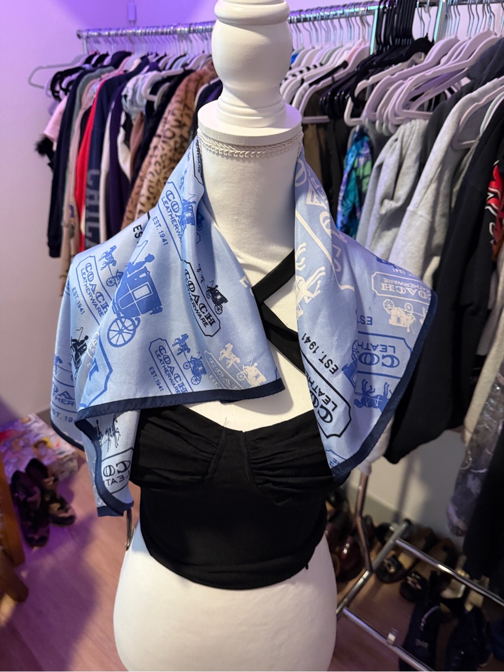 Coach Blue Logo Print Silk Scarf - Picture 5 of 5